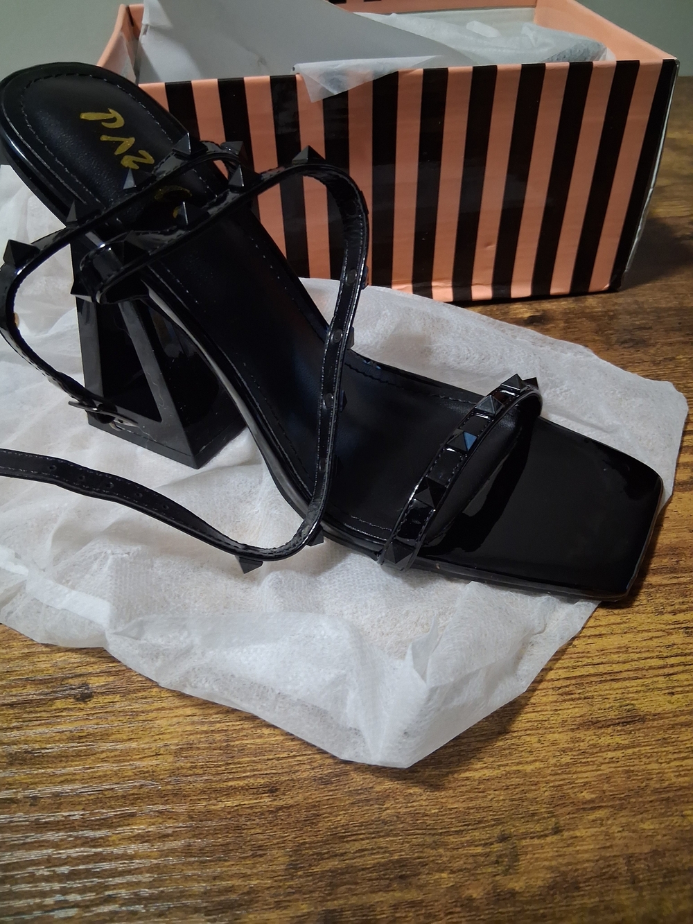 Patent Black Studded Strappy Block Heel Sandal - Women's Dress Shoe